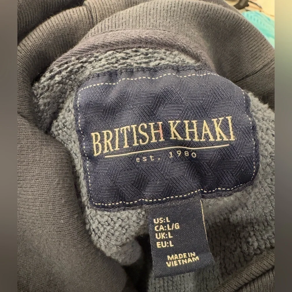British Khaki est. 1980 Men’s Navy blue pullover, size L, shawl collar Fleece